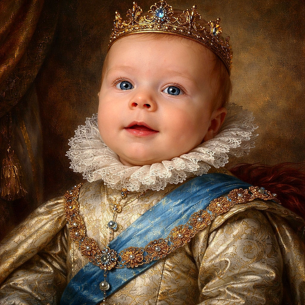 A wide-eyed baby stares upward like they're contemplating the meaning of clouds — bundled in a camo onesie with a bright blue pacifier clip starring in the foreground. Soft skin, curious gaze, and muffin-like cheeks steal the show while a towel and blanket make a cozy backdrop.