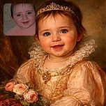 A close-up of a smiling baby with big, bright eyes and rosy cheeks wearing a peach-colored bib, looking directly at the camera with a charming and innocent expression.