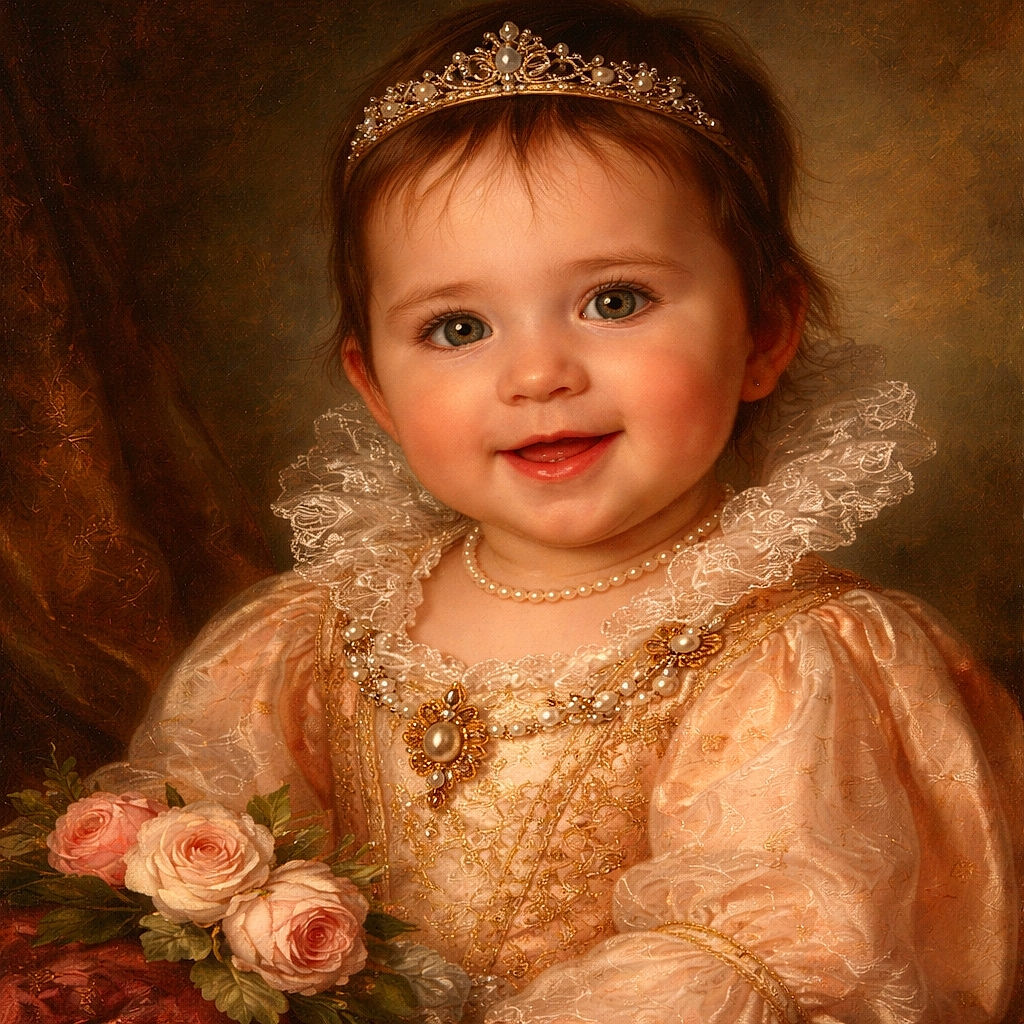 A close-up of a smiling baby with big, bright eyes and rosy cheeks wearing a peach-colored bib, looking directly at the camera with a charming and innocent expression.