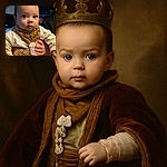 A wide-eyed baby wearing a cozy beige outfit and a mustard-colored bib stares curiously at the camera, while a hand with a silver ring gently supports them. The background is softly blurred, highlighting the baby's expressive face and smooth skin.