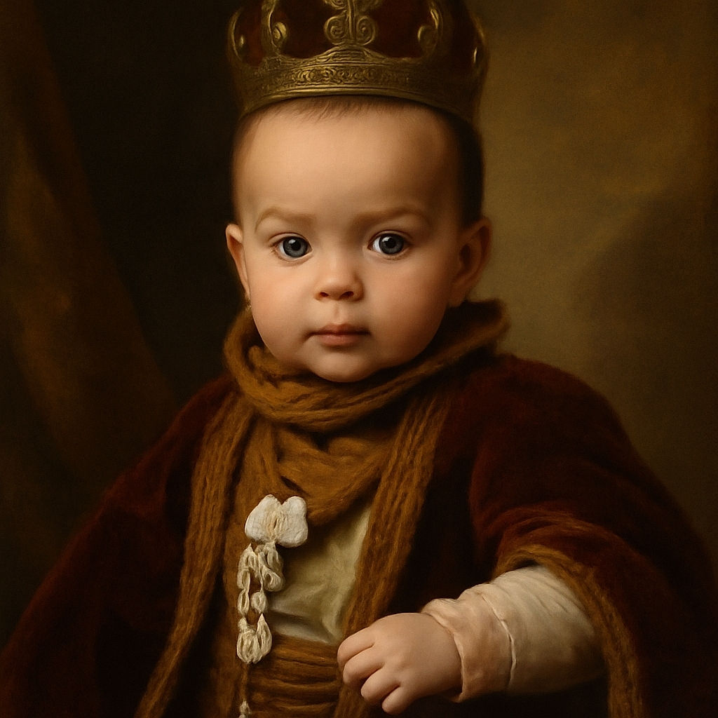 A wide-eyed baby wearing a cozy beige outfit and a mustard-colored bib stares curiously at the camera, while a hand with a silver ring gently supports them. The background is softly blurred, highlighting the baby's expressive face and smooth skin.
