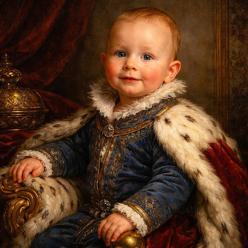 A chubby-cheeked baby sits amid blankets, wrapping paper and a laundry basket, looking like a tiny commander of cozy chaos — half-smile, curious eyes, and the proud owner of whatever present just got unwrapped.