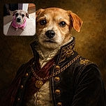 A small dog wearing a bright pink hoodie looks up with big, soulful eyes, sitting on a beige carpet with a cozy indoor background. The lighting highlights the dog's expressive face and soft fur, making it look adorably ready for a casual day in style.