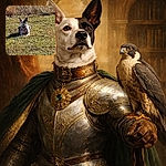 A black-and-white dog in a harness sits squarely in the grass like a tiny, attentive park ranger — ears up, stare locked on the photographer, convinced the colorful leash is merely an accessory.