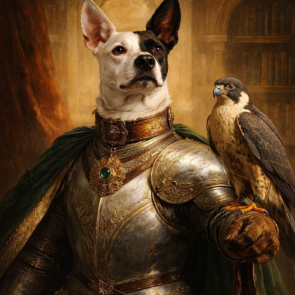 A black-and-white dog in a harness sits squarely in the grass like a tiny, attentive park ranger — ears up, stare locked on the photographer, convinced the colorful leash is merely an accessory.