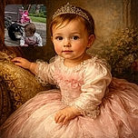 A curious baby dressed in pink and white sits on a wooden deck, gazing intently at a black and white dog lying nearby. Behind them, a bright pink tricycle and garden furniture add pops of color to the peaceful backyard scene.