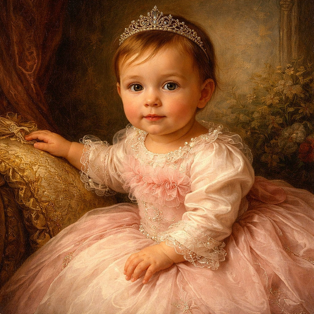 A curious baby dressed in pink and white sits on a wooden deck, gazing intently at a black and white dog lying nearby. Behind them, a bright pink tricycle and garden furniture add pops of color to the peaceful backyard scene.