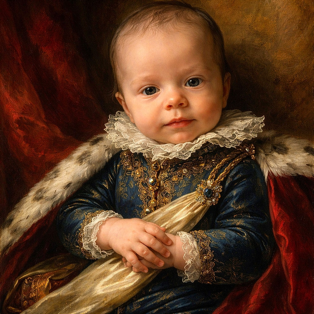 A cute baby dressed in a black shirt and blue shorts is sitting on a beige couch, looking curiously at the camera with hands clasped together, giving a calm and contemplative vibe.