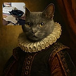 A sleek gray cat comfortably curled up in a woven basket atop a beige cat tree, gazing curiously at the camera. The background shows a cozy room with pillows, framed artwork, and some scattered cables, creating a homey vibe.