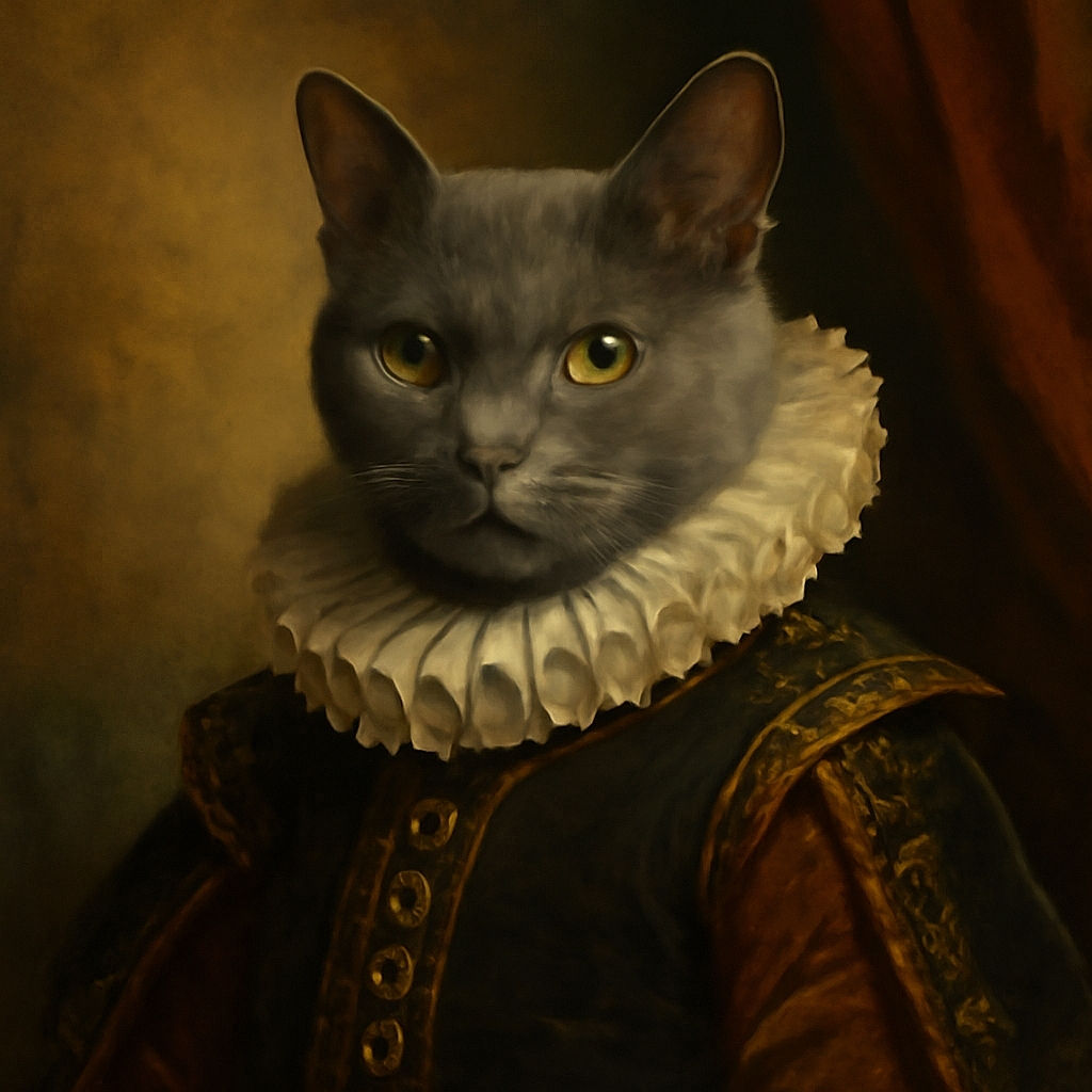 A sleek gray cat comfortably curled up in a woven basket atop a beige cat tree, gazing curiously at the camera. The background shows a cozy room with pillows, framed artwork, and some scattered cables, creating a homey vibe.