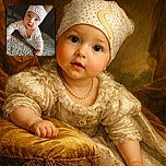 A curious baby wearing a cute patterned cap is lying on a textured carpet, looking up with wide eyes as if discovering the world for the first time. The photo is framed creatively with a dark vignette, making the baby the undeniable star of the shot.