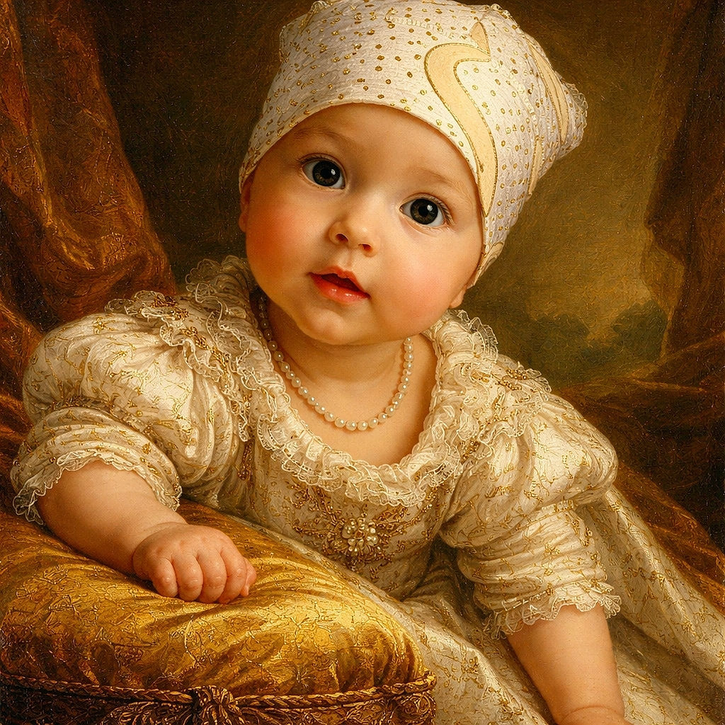 A curious baby wearing a cute patterned cap is lying on a textured carpet, looking up with wide eyes as if discovering the world for the first time. The photo is framed creatively with a dark vignette, making the baby the undeniable star of the shot.