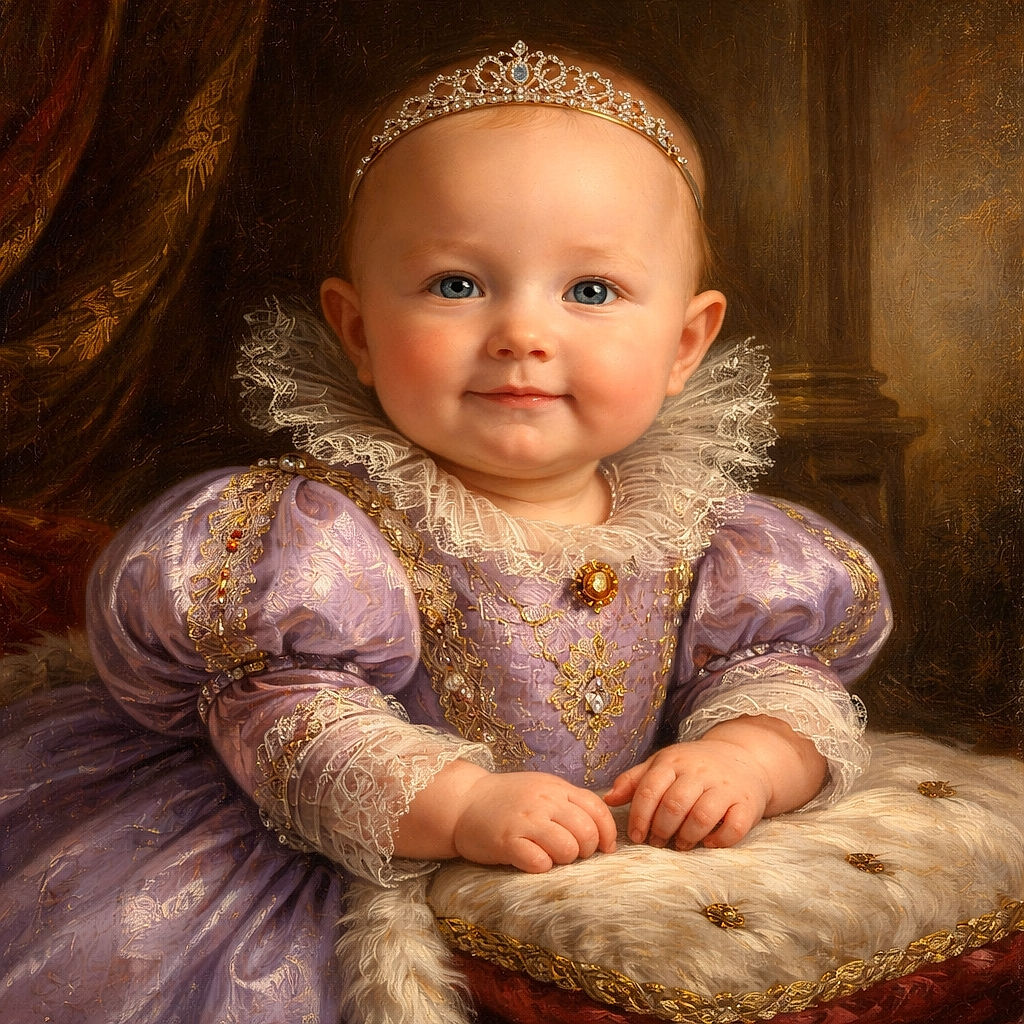 A chubby-cheeked baby in purple floral pajamas sits triumphantly in a tray seat like a tiny captain on a sea of blue blankets, offering a mischievous half-smile while a red stuffed toy peeks out of a plastic bag behind them.