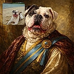 A happy bulldog is lounging on a sandy beach with a big smile and its tongue out, looking like it's having the best day ever by the water. The background shows a calm river or lake with some rocks and houses in the distance.