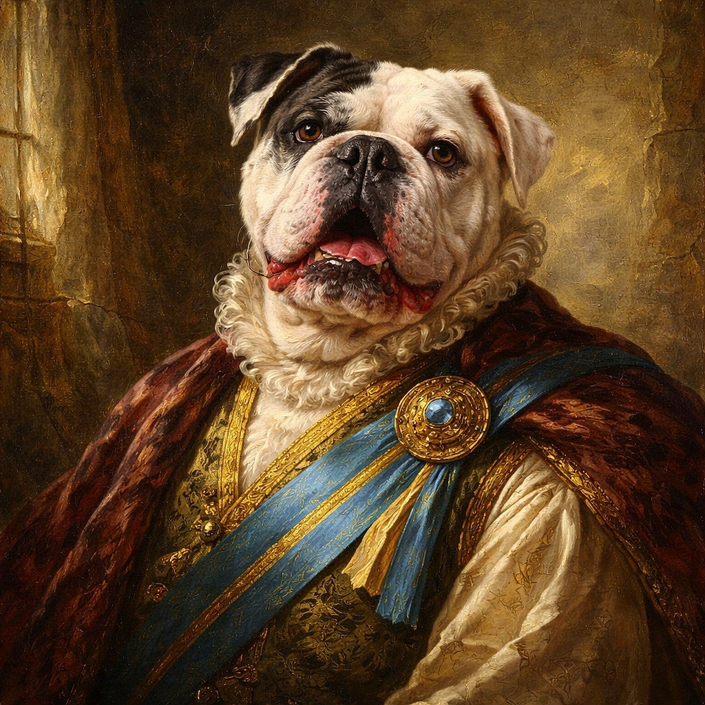 A happy bulldog is lounging on a sandy beach with a big smile and its tongue out, looking like it's having the best day ever by the water. The background shows a calm river or lake with some rocks and houses in the distance.