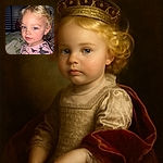 A cute toddler with curly blonde hair and striking blue eyes wearing a pink cartoon-printed shirt, sitting indoors with a slightly messy face and a curious expression, illuminated by a camera flash against a dim background.