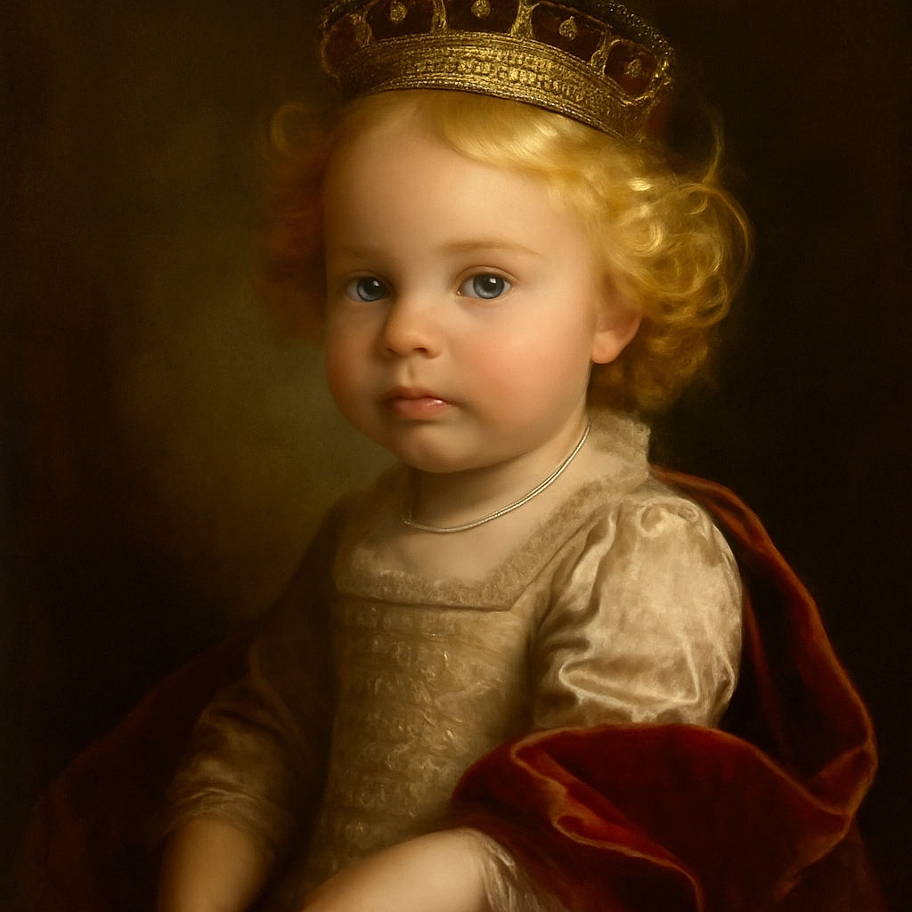 A cute toddler with curly blonde hair and striking blue eyes wearing a pink cartoon-printed shirt, sitting indoors with a slightly messy face and a curious expression, illuminated by a camera flash against a dim background.