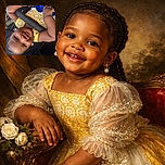 A smiling toddler wearing a bright yellow and white crocheted top is comfortably seated in a stroller, holding a blue handheld fan. The child has braided hair adorned with white beads and sports a joyful expression, radiating warmth and happiness.