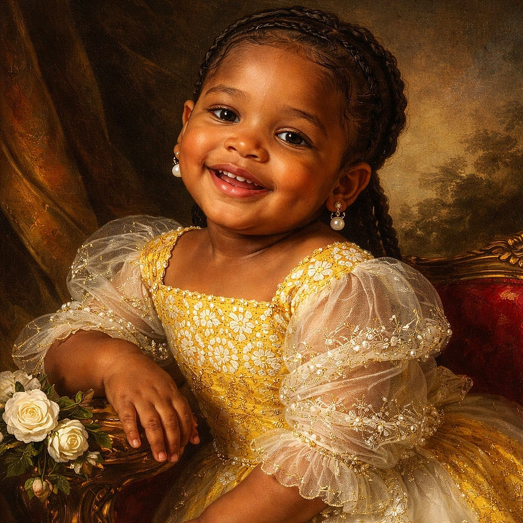 A smiling toddler wearing a bright yellow and white crocheted top is comfortably seated in a stroller, holding a blue handheld fan. The child has braided hair adorned with white beads and sports a joyful expression, radiating warmth and happiness.