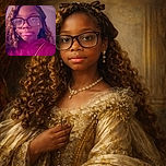 A slightly blurry selfie of a young child wearing oversized glasses and a red hoodie, with curly hair tied back by a bow. The lighting and focus are a bit off, giving it a casual, candid vibe.