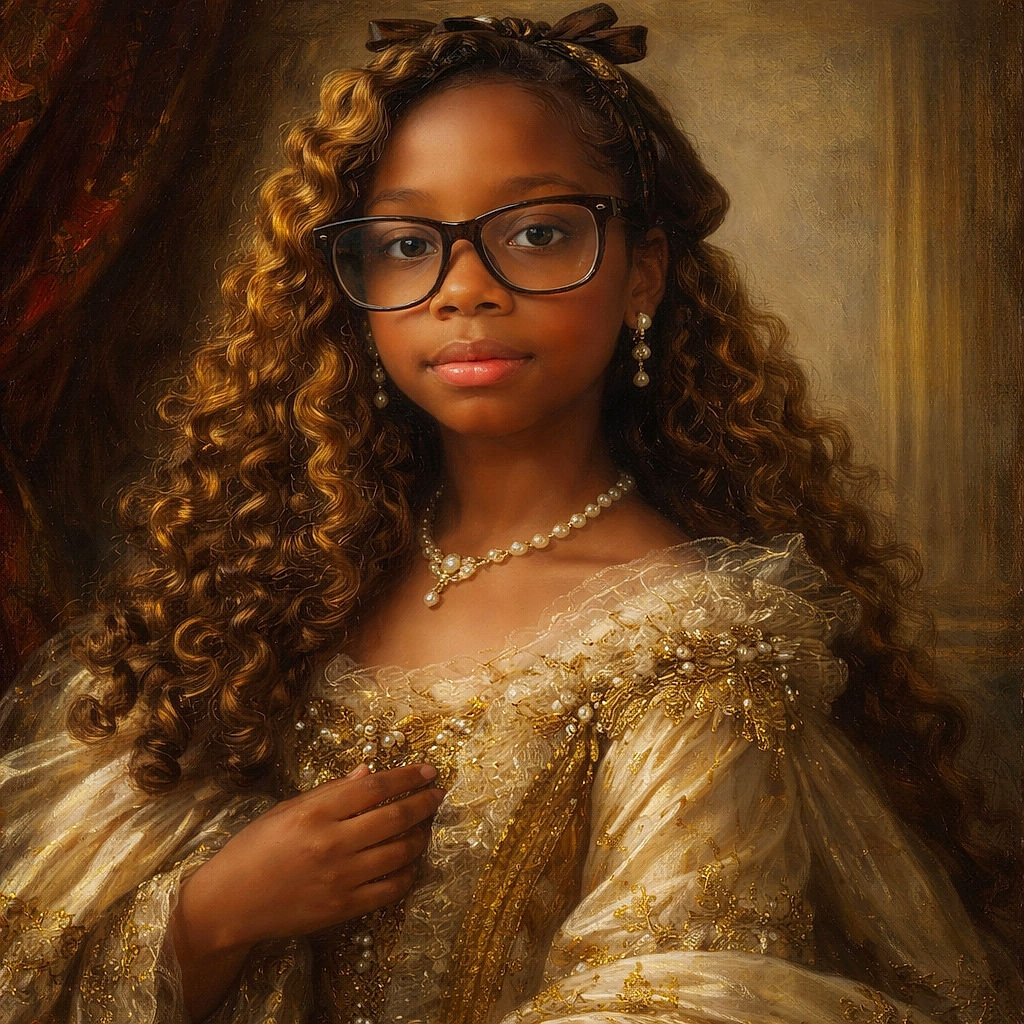 A slightly blurry selfie of a young child wearing oversized glasses and a red hoodie, with curly hair tied back by a bow. The lighting and focus are a bit off, giving it a casual, candid vibe.