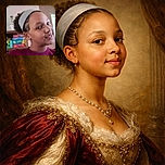 A slightly blurry close-up of a young person with a headband, tilting their head and smiling softly. The background shows a shelf with colorful board games, adding a playful vibe to the scene.