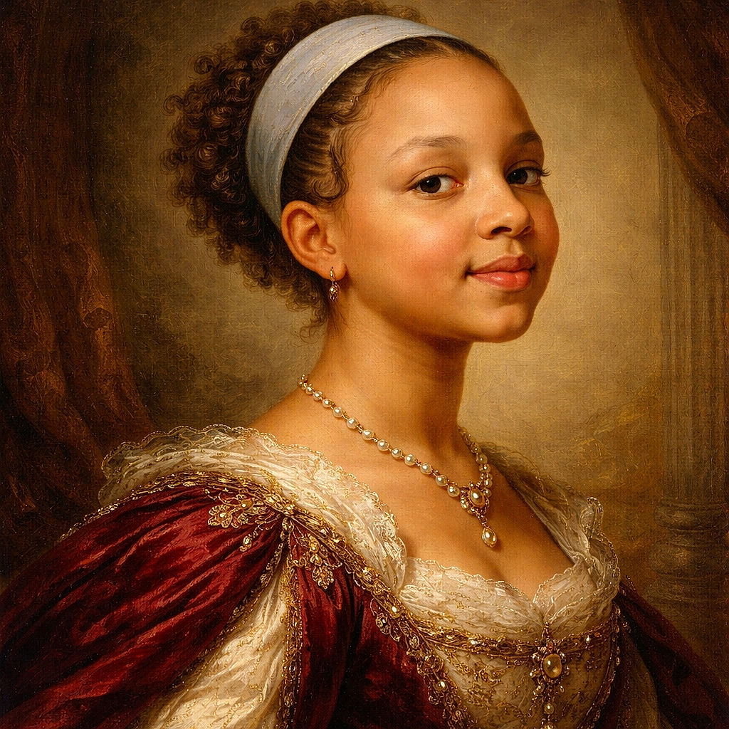 A slightly blurry close-up of a young person with a headband, tilting their head and smiling softly. The background shows a shelf with colorful board games, adding a playful vibe to the scene.