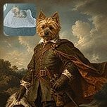 A tiny scruffy dog is curled up on a plush blanket like a furry cinnamon roll, staring at the camera with glowing eyes that suggest it has just been caught guarding the world’s comfiest throne. The dim indoor setting gives the scene a soft, cozy feel, though the image is somewhat hazy and low contrast.
