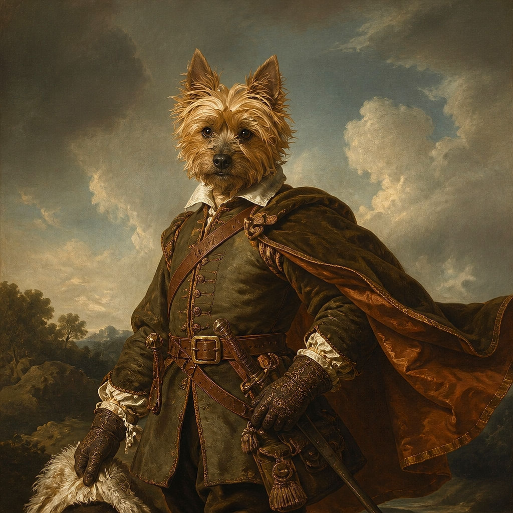 A tiny scruffy dog is curled up on a plush blanket like a furry cinnamon roll, staring at the camera with glowing eyes that suggest it has just been caught guarding the world’s comfiest throne. The dim indoor setting gives the scene a soft, cozy feel, though the image is somewhat hazy and low contrast.