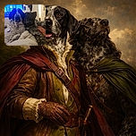 Two spotted dogs lounging comfortably on a bed, one looking straight ahead with a slightly playful tongue out, the other leaning affectionately against its companion. The cozy indoor setting includes a TV screen in the background and a hand gently resting on one dog, creating a warm and relaxed vibe.