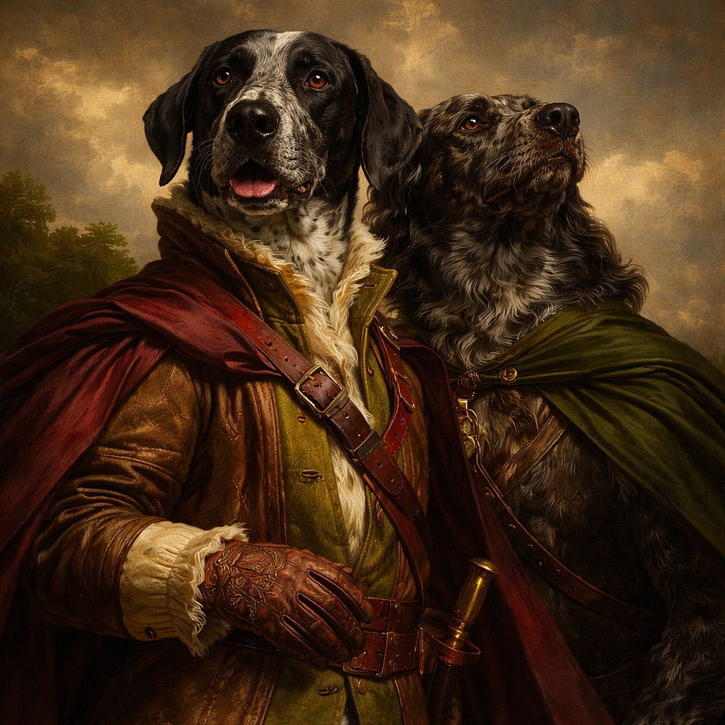 Two spotted dogs lounging comfortably on a bed, one looking straight ahead with a slightly playful tongue out, the other leaning affectionately against its companion. The cozy indoor setting includes a TV screen in the background and a hand gently resting on one dog, creating a warm and relaxed vibe.