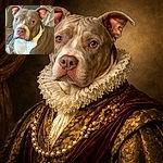 A close-up photo of a calm and attentive pitbull laying on a soft beige blanket with a cozy grey cushion behind it, showcasing its soulful eyes and soft fur texture in natural indoor lighting.