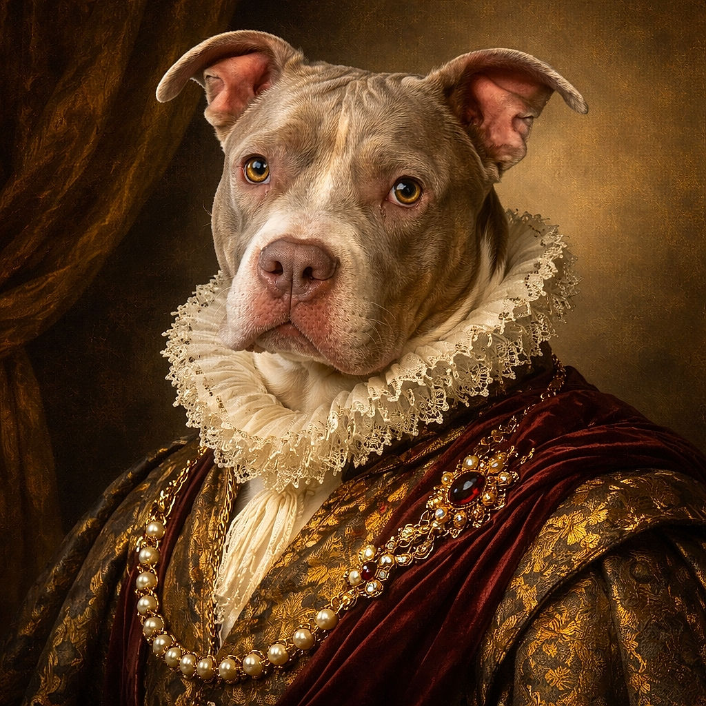 A close-up photo of a calm and attentive pitbull laying on a soft beige blanket with a cozy grey cushion behind it, showcasing its soulful eyes and soft fur texture in natural indoor lighting.
