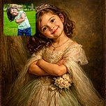 A cheerful young child with a big smile is playfully hugging themselves while tilting their head, standing on a lush green lawn with a blurred park background.