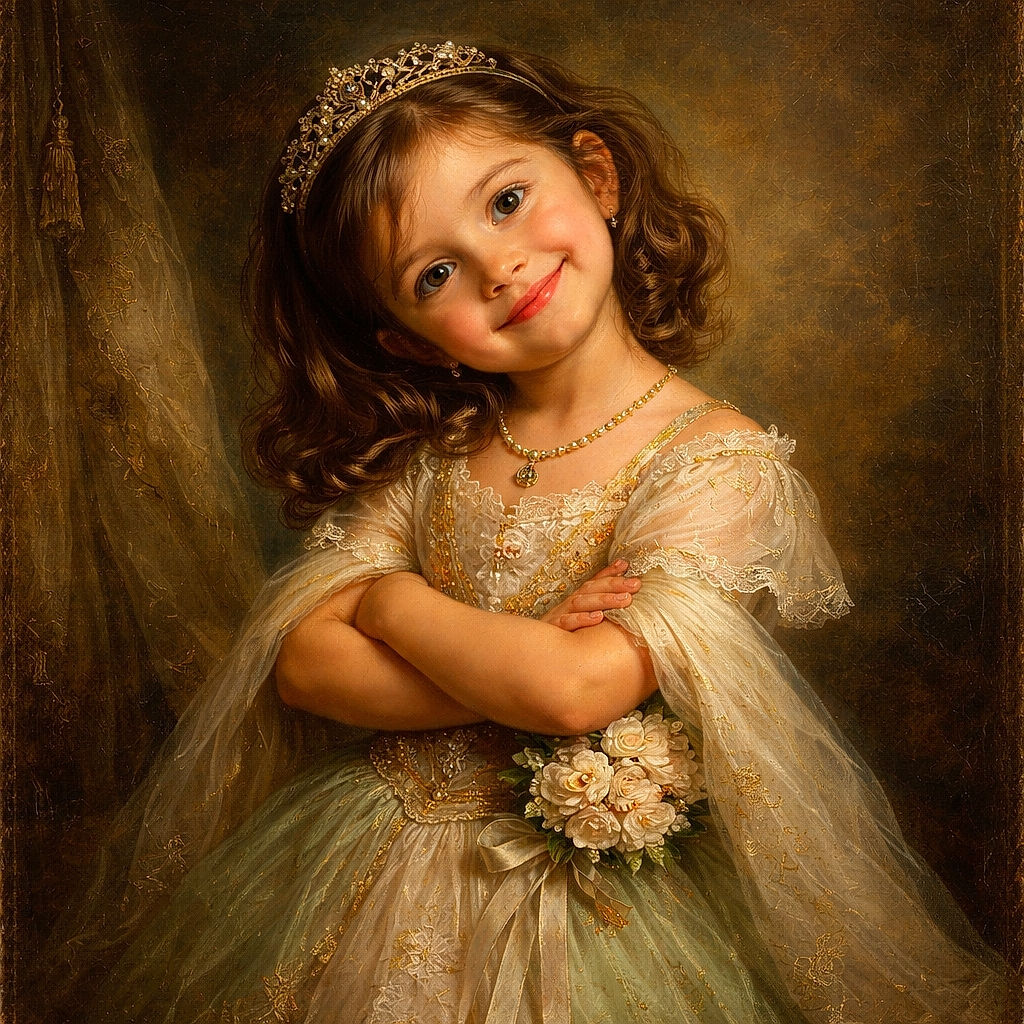 A cheerful young child with a big smile is playfully hugging themselves while tilting their head, standing on a lush green lawn with a blurred park background.