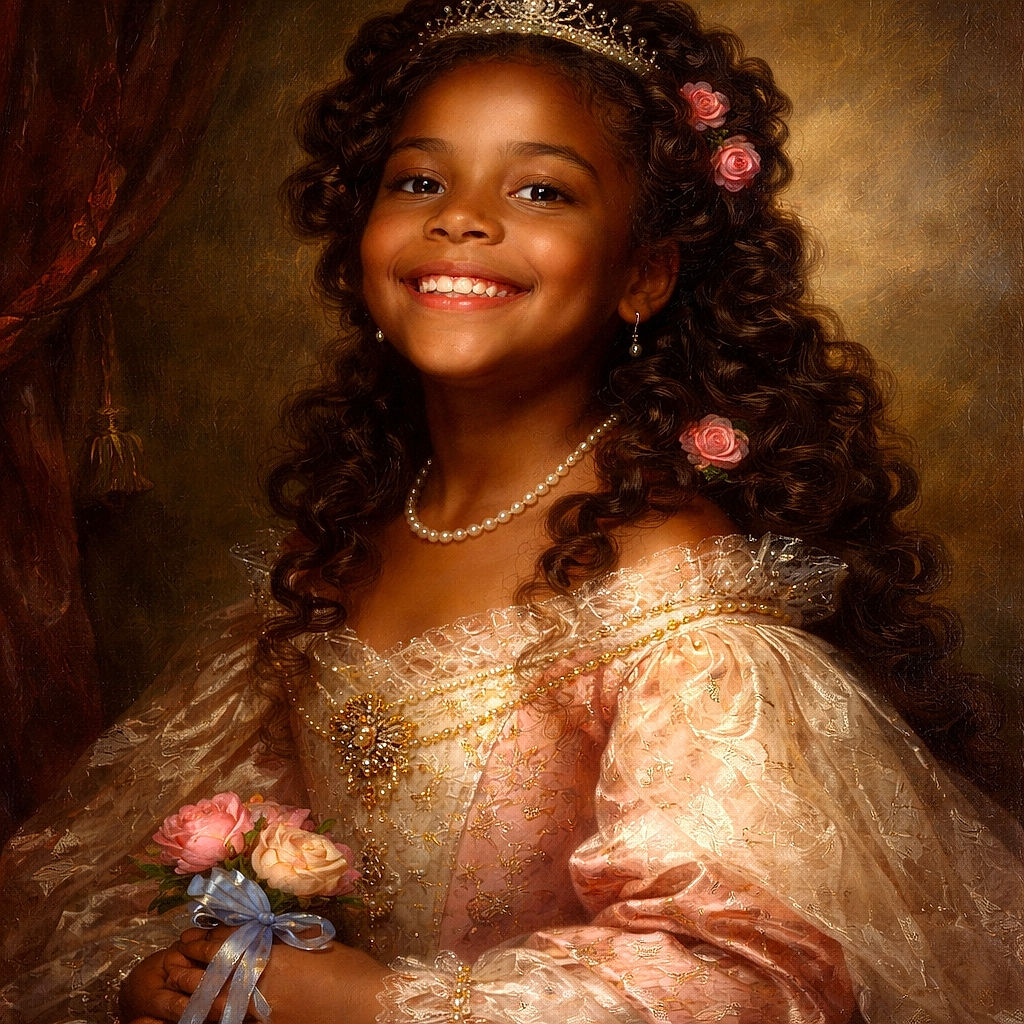 Two kids in pastel outfits — one flashing a huge grin and the other giving a serious 'who turned on the camera?' stare — with beaded hair and a soft studio backdrop; the picture is grainy and vintage-feeling but full of personality.