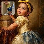 A cute toddler dressed in a bright yellow top and matching headband, paired with blue floral shorts and colorful sneakers, is standing and leaning against a textured beige wall, looking curiously over their shoulder in a cozy tiled hallway.