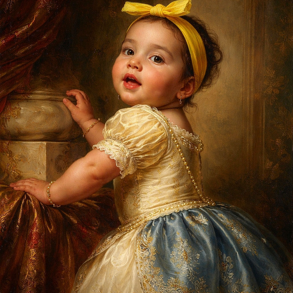 A cute toddler dressed in a bright yellow top and matching headband, paired with blue floral shorts and colorful sneakers, is standing and leaning against a textured beige wall, looking curiously over their shoulder in a cozy tiled hallway.