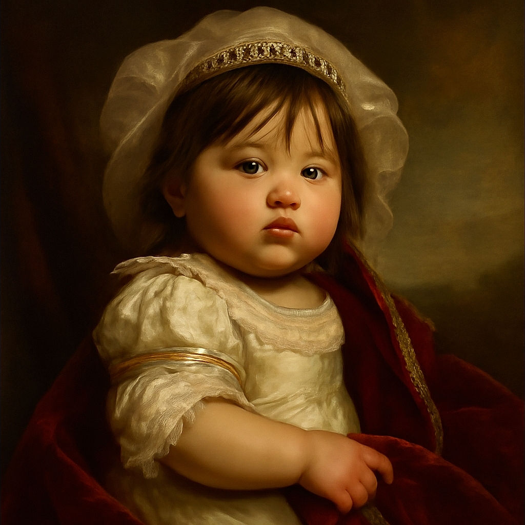 A chubby-cheeked baby wearing a frilly hat and a white outfit gazes calmly into the camera, with soft natural light highlighting their delicate features and a blurred green background.