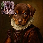 A curious puppy with soulful eyes and a mix of brown and tan fur looks straight into the camera, sitting on a dirt ground next to some green grass and a metal fence, ready to melt hearts everywhere.