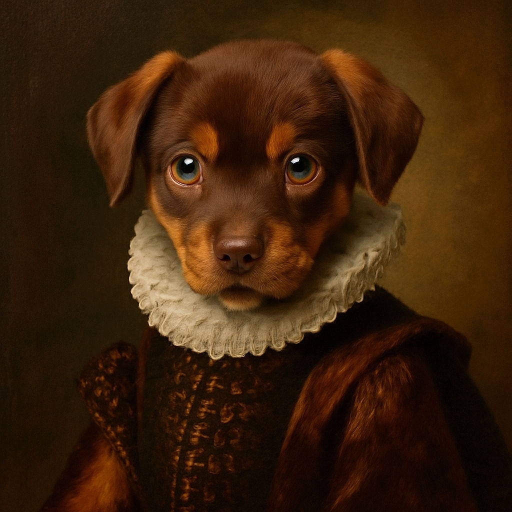 A curious puppy with soulful eyes and a mix of brown and tan fur looks straight into the camera, sitting on a dirt ground next to some green grass and a metal fence, ready to melt hearts everywhere.