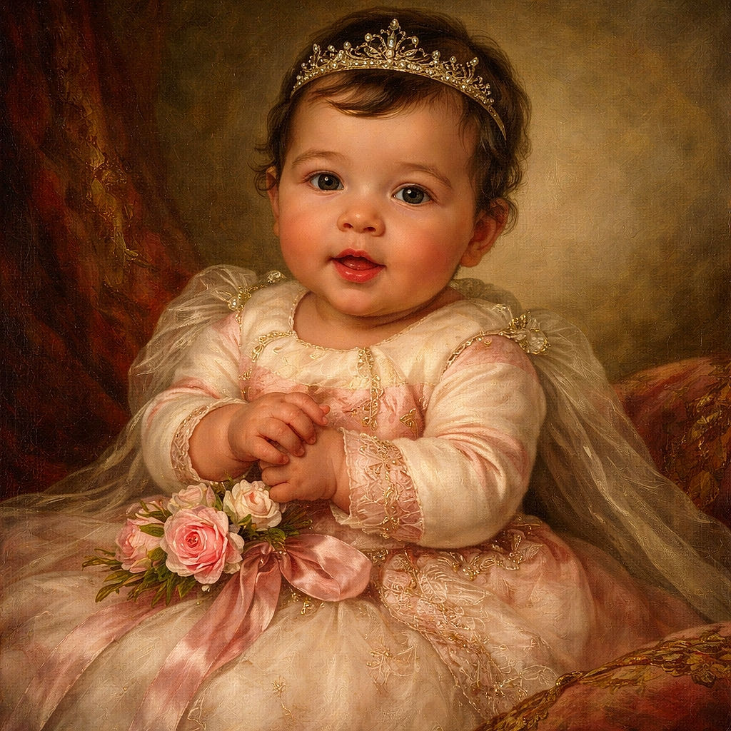A delighted baby lounges in a cozy bouncer, wearing a pink-striped sweater and mauve tights, clutching a soft blanket and a cheerful pink plush — the wooden rocker and patterned rug provide the perfect tiny throne. Little hands look like they're negotiating snack time and world domination simultaneously.