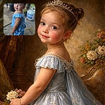 A charming little girl with bright blue eyes and braided hair looks back over her shoulder, wearing a cute blue striped dress that matches her innocent smile. The background is softly blurred, making her the undeniable star of the photo.