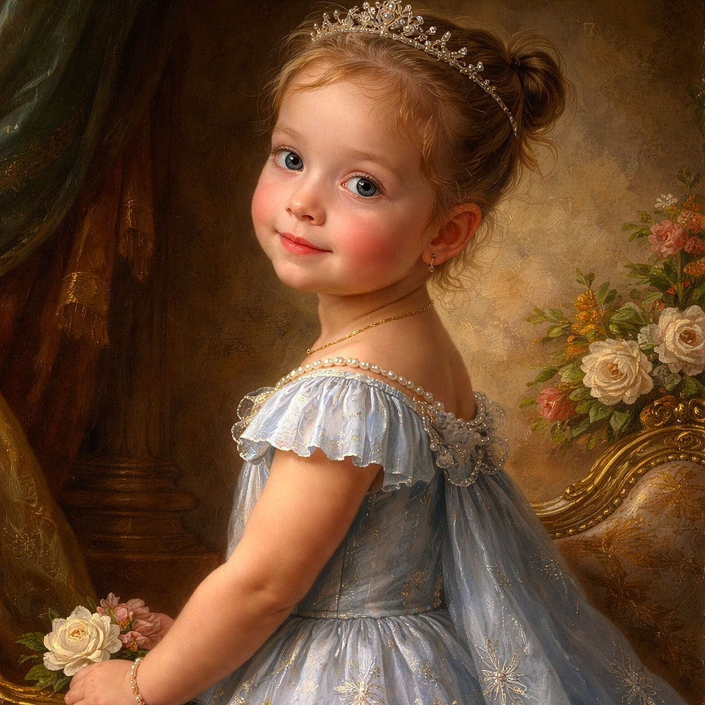 A charming little girl with bright blue eyes and braided hair looks back over her shoulder, wearing a cute blue striped dress that matches her innocent smile. The background is softly blurred, making her the undeniable star of the photo.