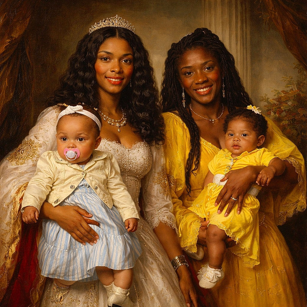 A lively family celebration shot — two smiling women pose center while holding two adorable babies (one with a pacifier), surrounded by blue-and-gold balloons, floral table arrangements and happy guests in the background; someone’s enthusiastic arm photobombs the foreground like a tiny cheerleader.