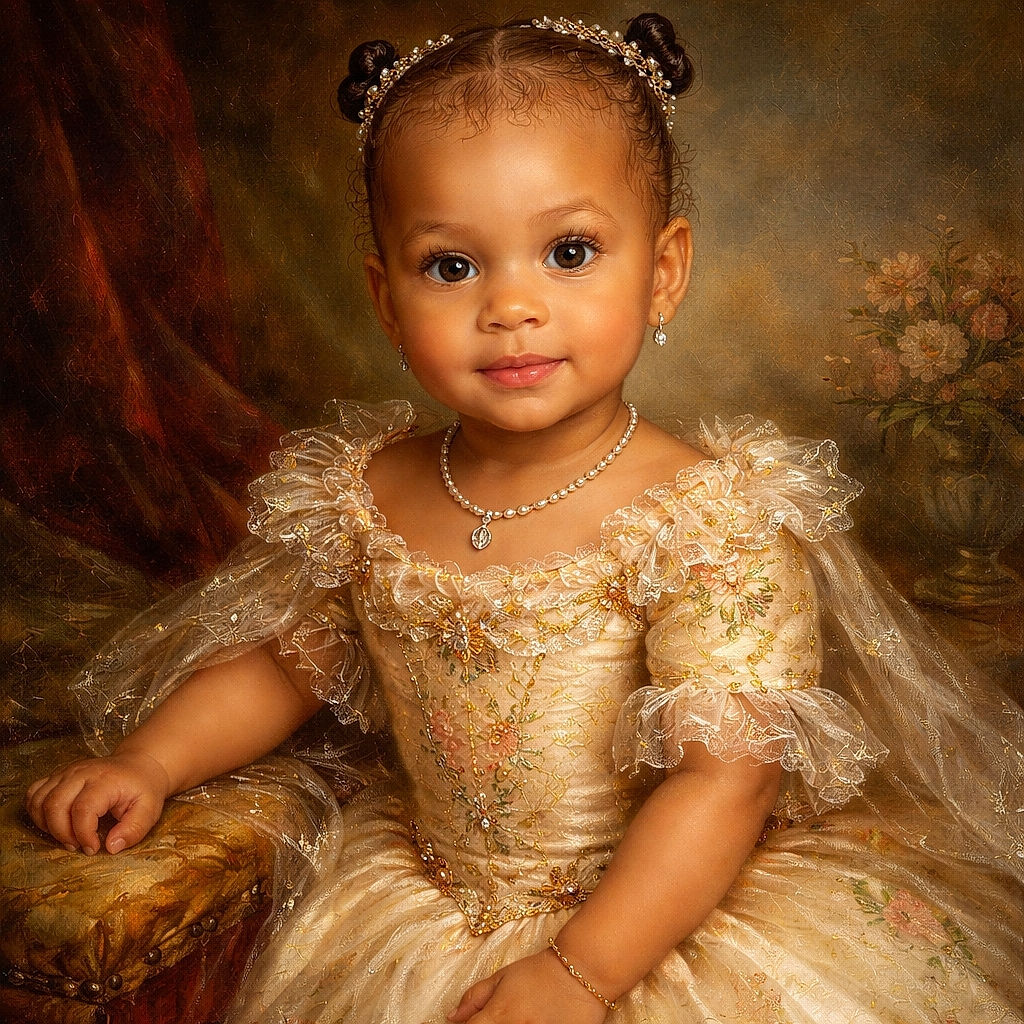 A tiny charmer perched on a patterned sofa like royalty — little pigtails, sparkly earrings, and huge curious eyes stealing the show. She's wearing a colorful fruit-print crop top, mustard shorts and pink socks, with a cartoon poster peeking in the background. The shot is warm, well-lit and candid, like a proud parent captured a perfect moment of mischievous sweetness.