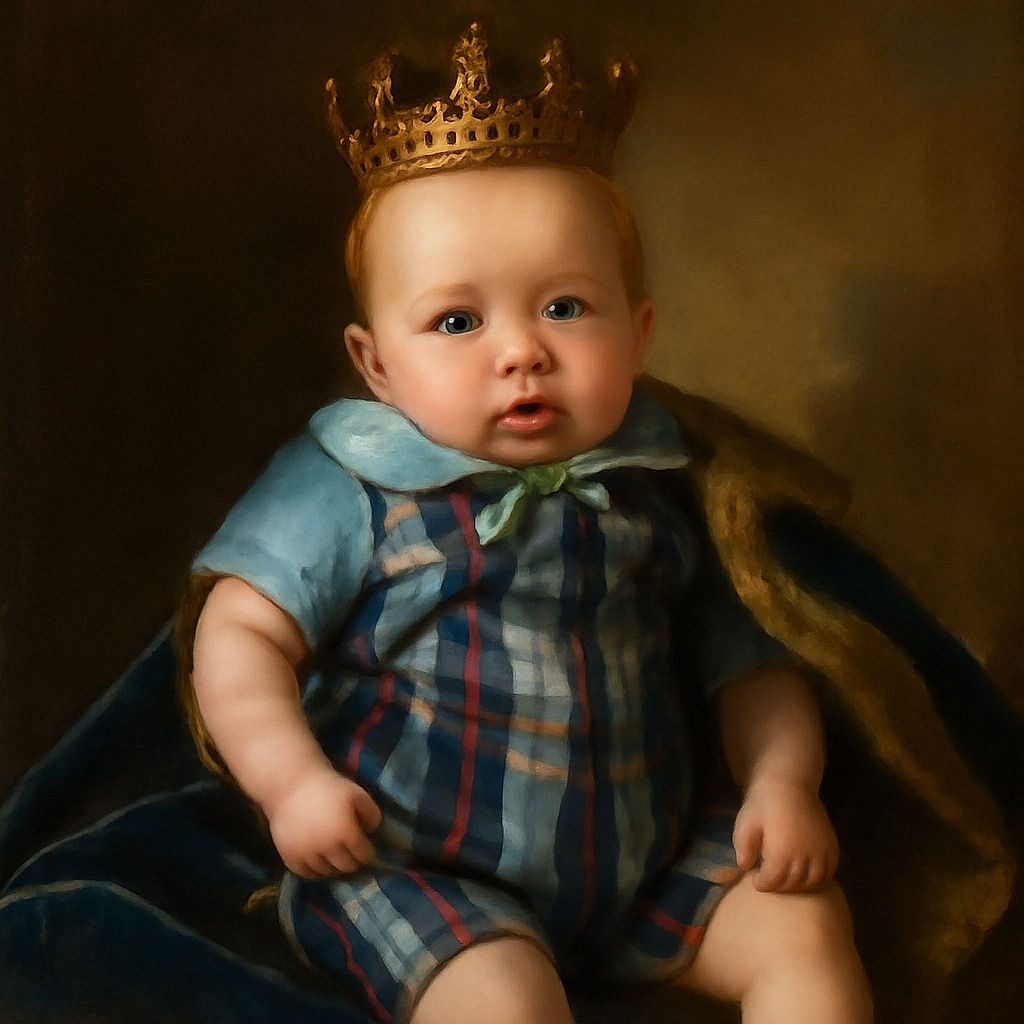 A curious baby in a cute blue plaid overall lies on a striped bed, looking at the camera with wide eyes and a slightly puzzled expression, surrounded by cozy bedding.