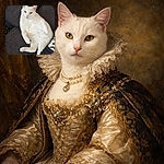 A fluffy white cat lounges comfortably on a dark gray couch, looking directly at the camera with a calm and slightly curious expression. The cozy setting is completed by a patterned black and white pillow nearby.