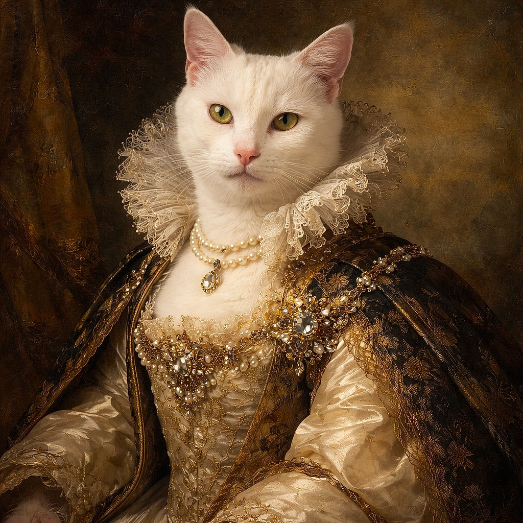 A fluffy white cat lounges comfortably on a dark gray couch, looking directly at the camera with a calm and slightly curious expression. The cozy setting is completed by a patterned black and white pillow nearby.