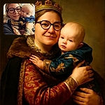 A cozy moment captured between a smiling woman with glasses and piercings and a curious baby in a patterned outfit, wrapped in a warm embrace with festive decorations faintly visible in the background.